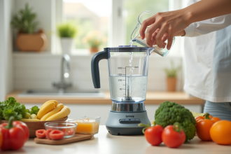 Mains d'un parent versant de l'eau dans un blender pour bébé avec légumes frais