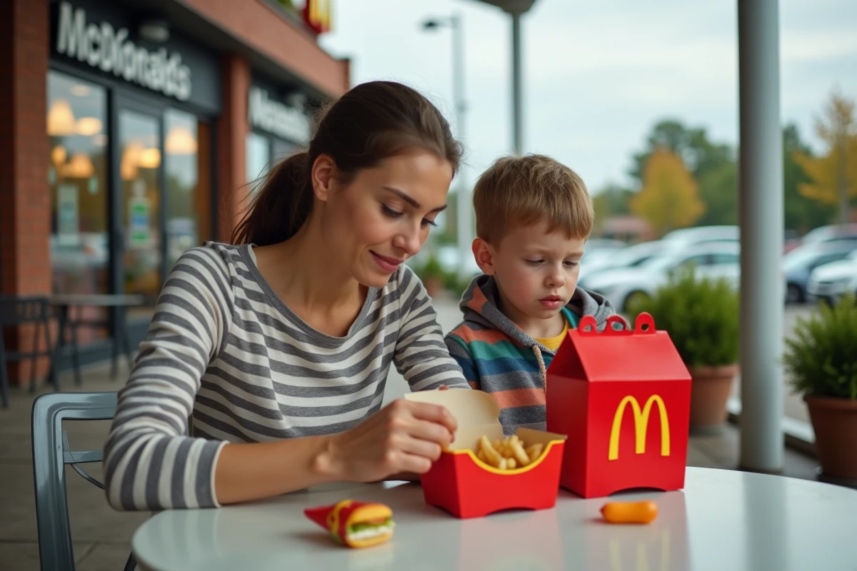 Mère et fils découvrant un Happy Meal McDonald's sur une terrasse extérieure, scène familiale illustrant les offres prix Happy Meal 2026