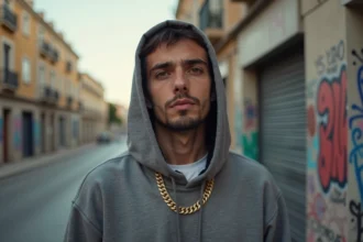 Rappeur français portant un sweat à capuche et une chaîne en or devant un quartier urbain de Marseille, style éditorial journalistique