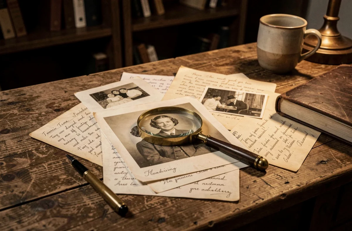 Bureau de recherche généalogique avec photos de famille anciennes, notes manuscrites et loupe sur bois vieilli