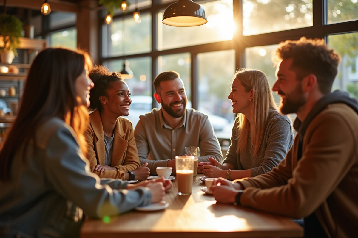 Groupe de personnes souriantes dans un café convivial