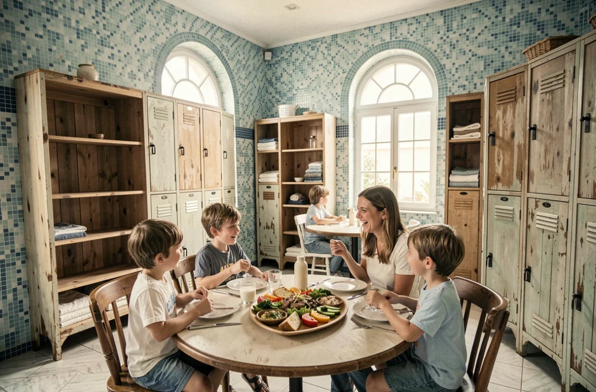 La Piscine restaurant à Bègles, décor rétro inspiré d'une piscine vintage avec carrelage mosaïque et famille attablée