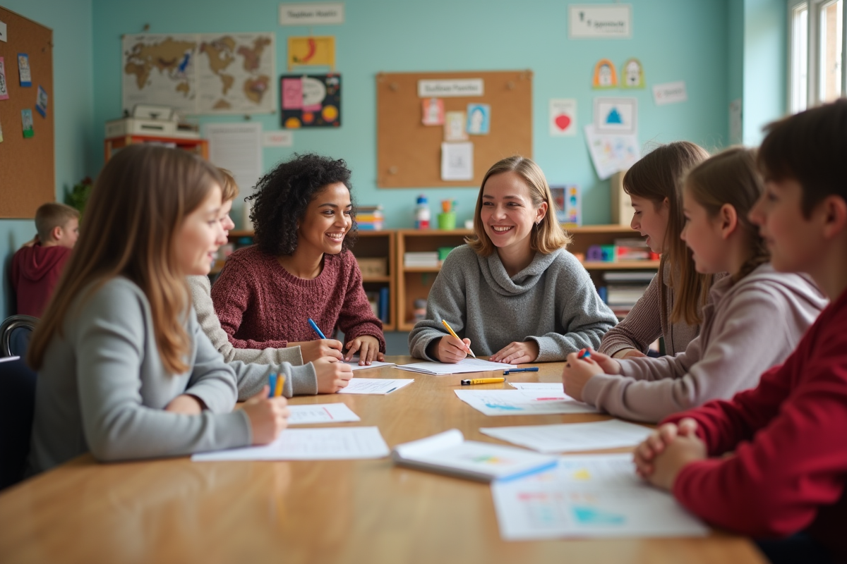 Réunion de parents et enseignante dans une salle de classe chaleureuse