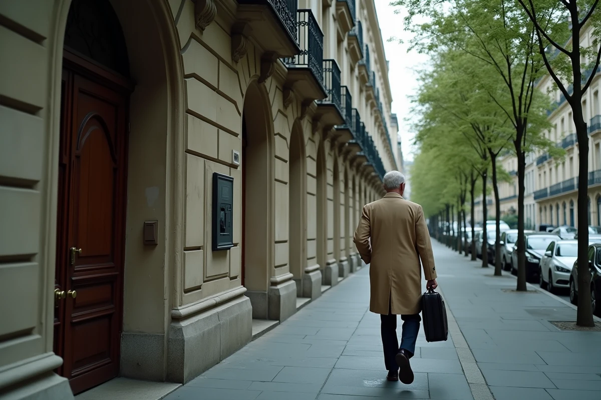 Rue parisienne haussmannienne avec un homme en imperméable beige s'éloignant vers l'entrée d'un immeuble, atmosphère discrète et documentaire