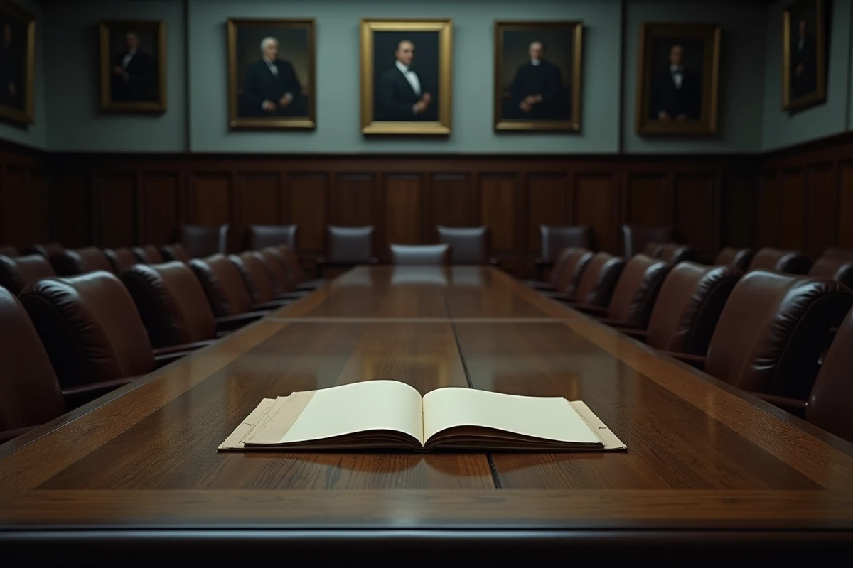 Salle institutionnelle française vide avec tables en chêne, documents officiels encadrés et dossier ouvert sur la table, atmosphère d'enquête et de confidentialité