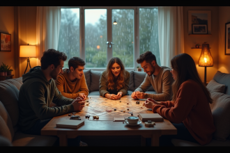 Salon chaleureux avec amis jouant à des jeux de société