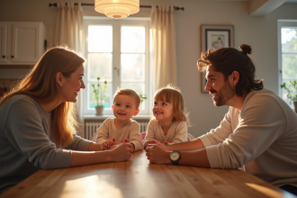 Famille chaleureuse autour d'une table de cuisine avec sourires