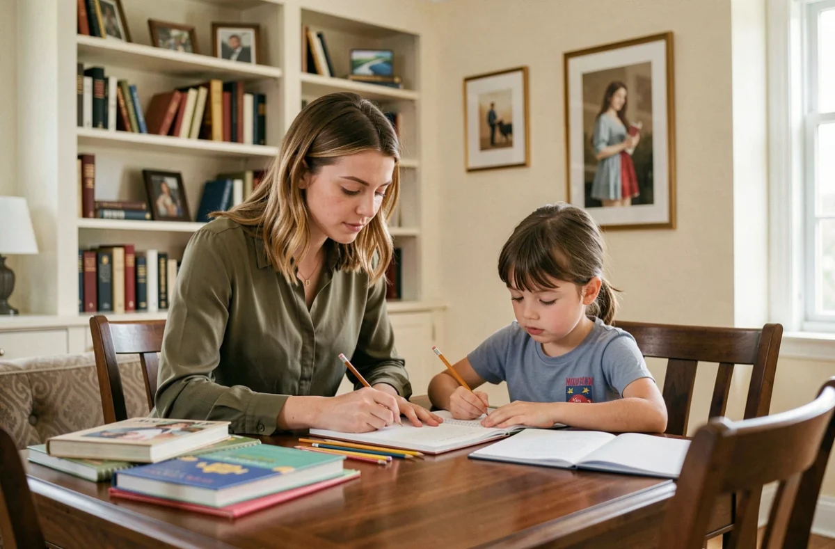 Une baby-sitter de Star of Service Bordeaux aide une petite fille à faire ses devoirs dans un appartement