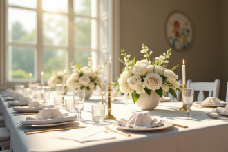 Table décorée pour une cérémonie civile avec fleurs et bougies