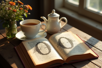 Table vintage en bois avec livres ouverts et café chaud
