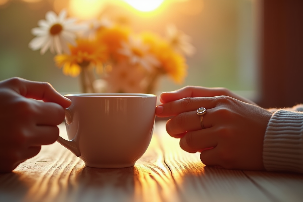 Deux tasses de café sur une table en bois avec mains croisées