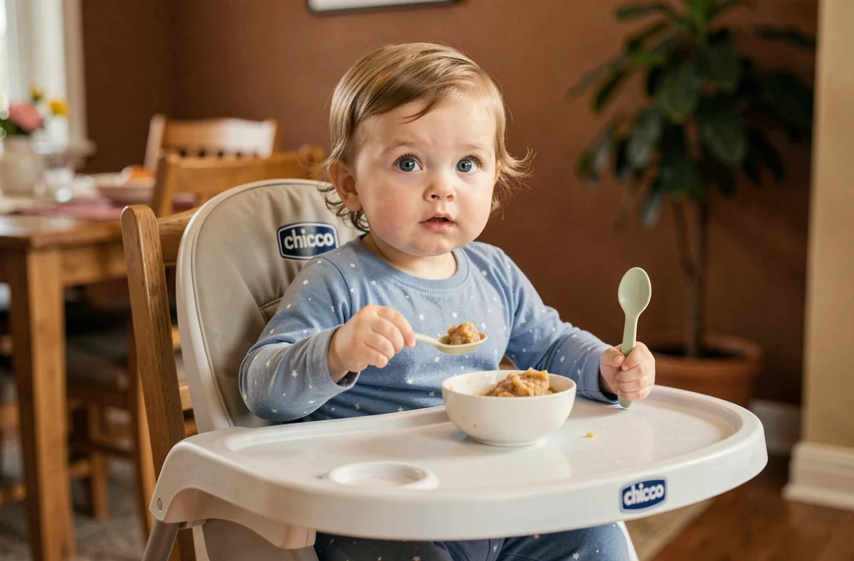Tout-petit assis dans la chaise haute Chicco Polly Magic Relax pendant le repas avec une cuillère