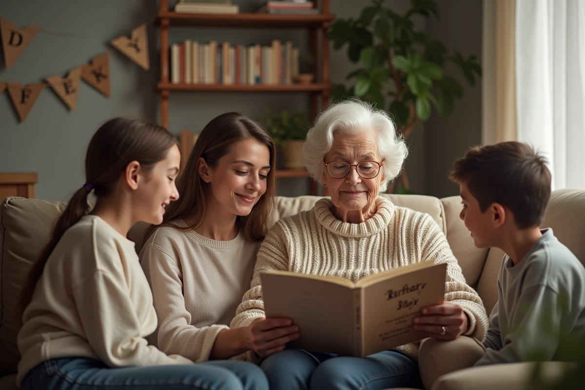Trois generations de famille dans un salon chaleureux lisant un poeme