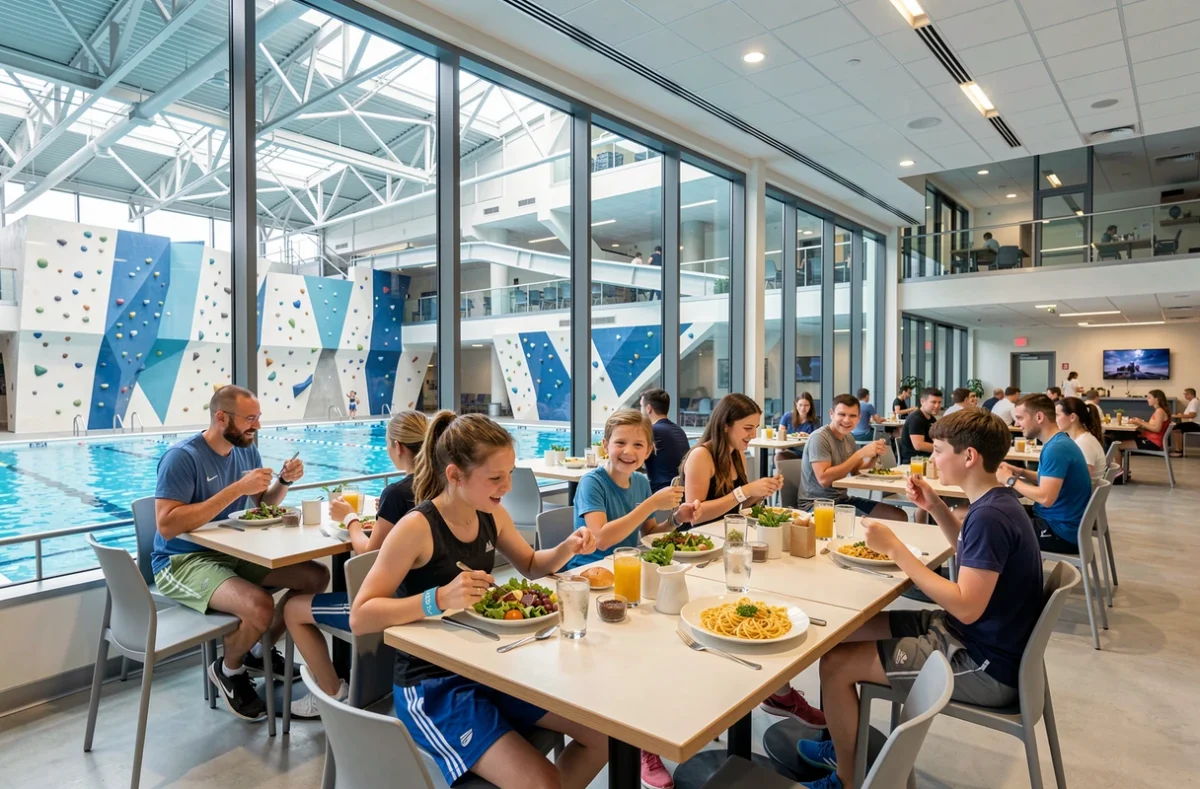 UCPA Sport Station Bordeaux, restaurant panoramique avec familles en tenue sportive après activités aquatiques et escalade