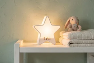 Veilleuse bébé personnalisée en forme d'étoile avec prénom gravé posée sur une étagère de chambre bébé en bois blanc