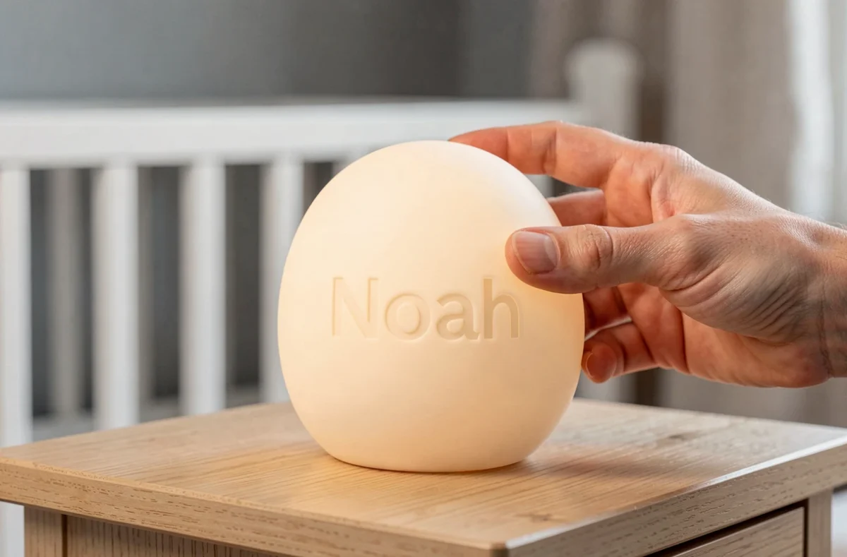 Gros plan d'une veilleuse bébé personnalisée en silicone avec le prénom Noah tenu par une main de parent pour évaluer la qualité