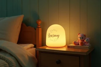 Veilleuse personnalisée avec prénom gravé posée sur une table de chevet en bois dans une chambre d'enfant cosy aux tons chauds
