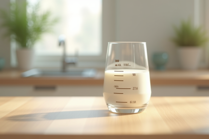 Verre de lait de 300 ml sur une table en bois lumineuse