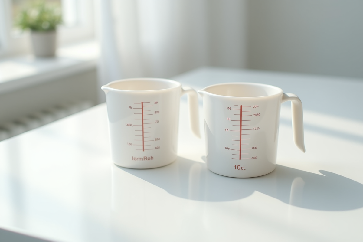 Gros plan sur deux verres doseurs sur une table de nurserie