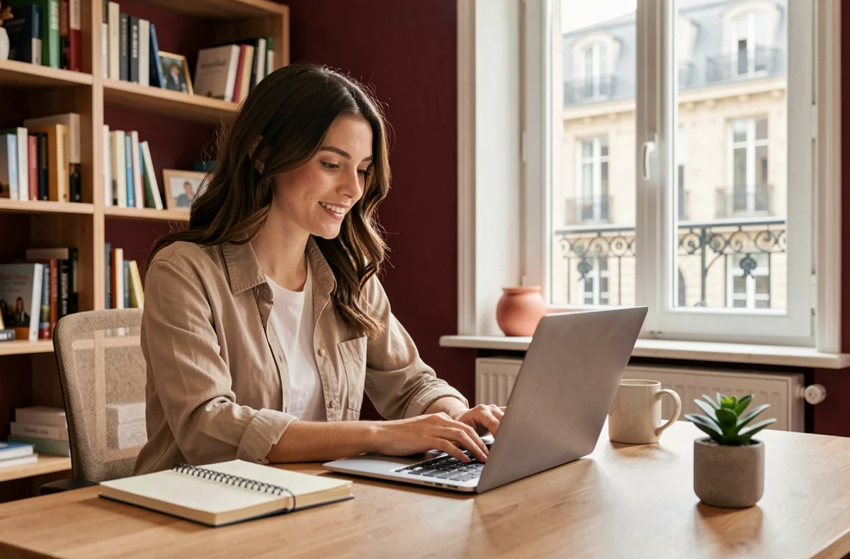 Une mère recherche une baby-sitter sur la plateforme en ligne Yoopies depuis son appartement bordelais